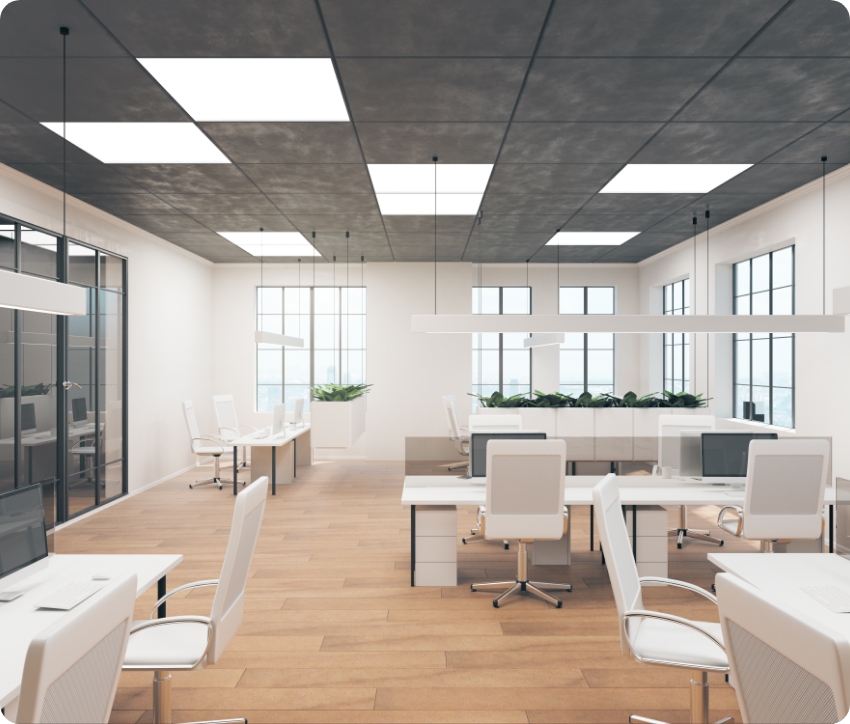 Illustrative office interior with ceiling lighting