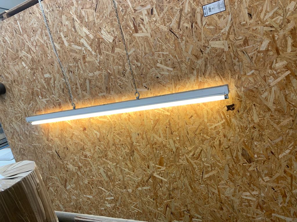 Suspended light fitting beneath a timber-panel ceiling
