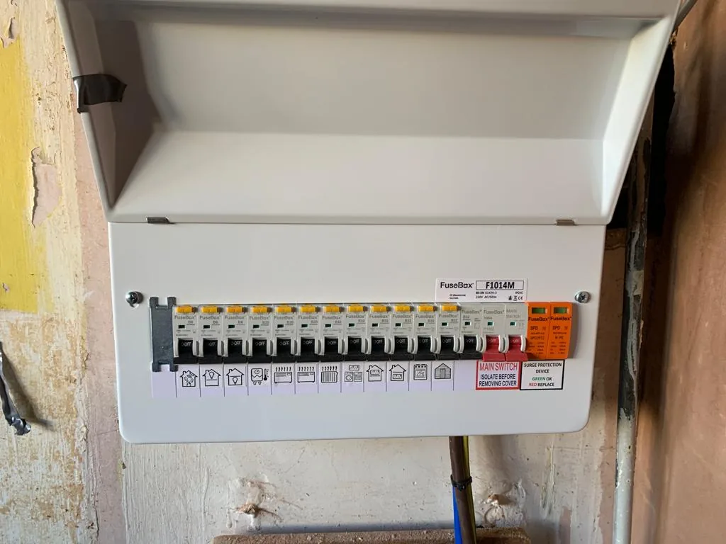 Consumer unit inside an open cupboard